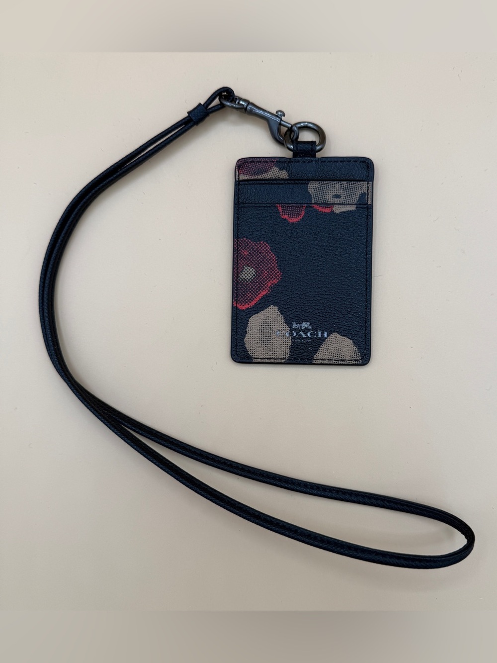 Coach Black Red Floral ID Card Holder Lanyard